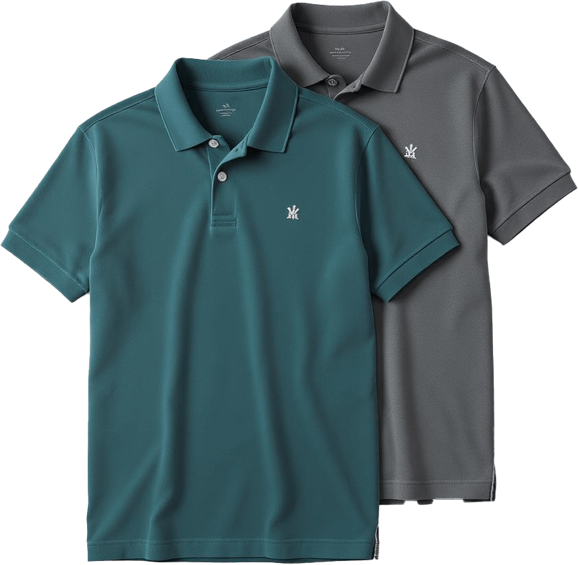 two color variants of a polo t-shirt, embroidered with a custom logo on the chest