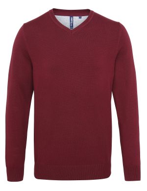 Men&rsquo;s V-Neck Jumper &ndash; Cotton Blend by Asquith & Fox - Burgundy