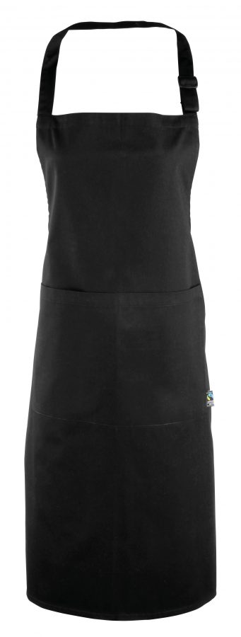Organic apron with pockets features fabric ties and an adjustable neck tie with a buckle for comfort and a perfect fit