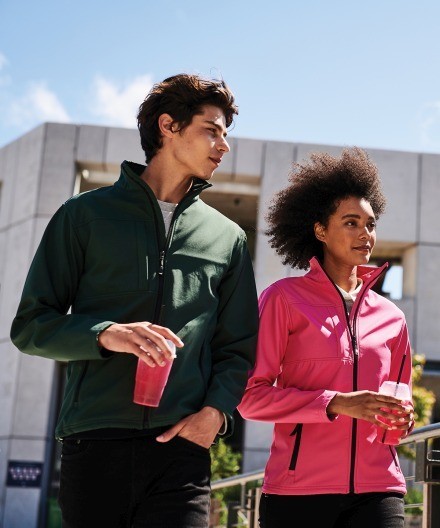man and woman wearing soft shell jackets