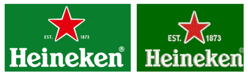 comparison between digital graphic logo and final embroidered result