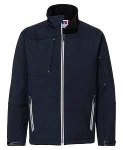 Russell Bionic Softshell Jacket, water-repellent and wind-resistant. Ideal for Irish workplaces with custom embroidery branding. full zip and pockets in navy