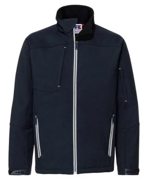 Russell Bionic Softshell Jacket, water-repellent and wind-resistant. Ideal for Irish workplaces with custom embroidery branding. full zip and pockets in navy