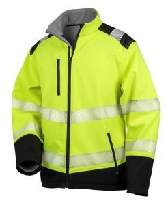 A high visibility padded jacket with zip pockets and reflective strips