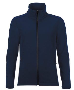 Race Softhell Laides Jacket in Navy blue Polyester fleece lining. Showerproof. Collar high full length zip. Two front zip pockets. Open cuffs and hem. Curved drop hem