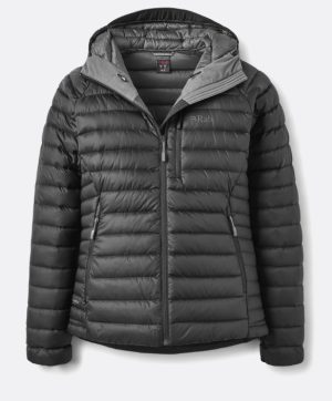 womens black padded jacket made by rab with pockets and front zipper