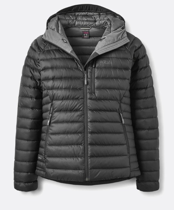 womens black padded jacket made by rab with pockets and front zipper