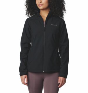 Women's black softshell jacket with Columbia logo and front zip