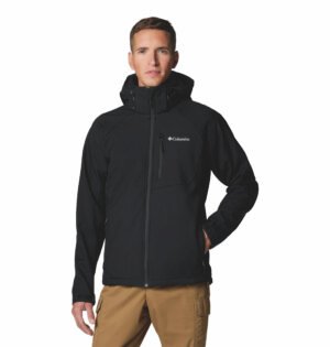 Men's black softshell jacket with Columbia logo and front zip